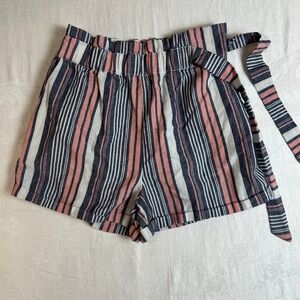 Kiss &‎ Cry Shorts Women's Large Striped Paperbag Waist Linen Cotton Pink Navy